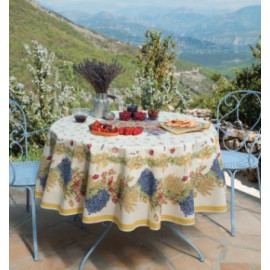 $129 70" Rd 2-6 Place 8-Pcs Ensemble Set Includes 1-Roses & Lavender on White Plain Cotton Tablecloth +6 Matching Napkins +1 Tidy Fabric Bread Basket - Create a Rose Garden Theme Tablr Top!