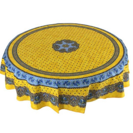 $165 90" Round MARAT Tradition Blue on Yellow Tablecloth in Stain-Proof Coated Cotton for 2-8 Person Seating.