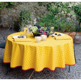 $69 60" Rd Red Buds on Yellow 2-4 Place 6-Pcs Ensemble Set of 1-Yellow & Red Plain Cotton Tablecloth +4 Matching Napkins +1 Tidy Fabric Bread Basket - Enjoy Bright Yellow Bistro Dining!