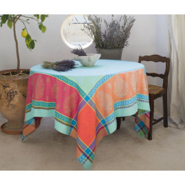 $69 64" Sq Cassis Jacquard Red & Turquoise Stain-Proof Tablecloth - Use on a 30 to 45 inch square table for 2 to 4 Place Seating or use a Slip-Leaf Expansion-Length Rectangular Table that seats 4 to 6!