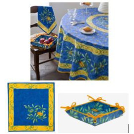 $129 70" Rd 2-6 Place 8-Pcs Ensemble Set Includes 1-Cigale Locusts on Blue Plain Cotton Tablecloth +6 Matching Napkins +1 Tidy Fabric Bread Basket - Enjoy the Tabletop Theme of Provence Singing Locusts!
