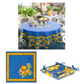 $139 70" Rd 2-6 Place 8-Pcs Ensemble Set Includes 1-Lemons on Blue Wipeable Coated Cotton Tablecloth +6 Matching Napkins +1 Tidy Fabric Bread Basket - Display a Citron Lemons Theme Tabletop!