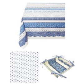 $99 60" Sq 2-4 Place 6-Pcs Ensemble Set of 1-Tradition Blue on White Stain-Proof Coated Cotton Tablecloth +4 Matching Napkins +1 Tidy Fabric Bread Basket - – Display a Blue Floral Bistro Cafe Theme Dining Tabletop!