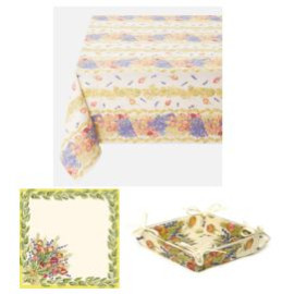 $99 60" Sq 2-4 Place 6-Pcs Ensemble Set of 1-Stain-Proof Caoted Cotton Tablecloth +4 Matching Napkins +1 Tidy Fabric Bread Basket - – Display a Roses Lavender Garden Theme Dining Tabletop!