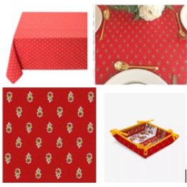 $79 60" Sq 2-4 Place 6-Pcs Ensemble Set of 1-REd with Yellow Calissons Buds Plain Cotton Tablecloth +4 Matching Napkins +1 Tidy Fabric Bread Basket – Display French Red Bistro Dining Style!