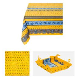 $99 60" Sq 2-4 Place 6-Pcs Ensemble Set of 1-Tradition Blue on Yellow Stain-Proof Coated Cotton Tablecloth +4 Matching Napkins +1 Tidy Fabric Bread Basket - – Display a Floral Design Bistro Dining Tabletop!