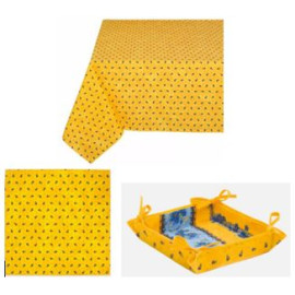 $77 60" Sq 2-4 Place 6-Pcs Ensemble Set of 1-Tradition Blue on Yellow Plain Cotton Tablecloth +4 Matching Napkins +1 Tidy Fabric Bread Basket - – Display a Yellow Floral Bistro Dining Tabletop!