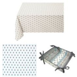 $89 60" Sq 2-4 Place 6-Pcs Ensemble Set of 1-Stain-Proof Coated Cotton Tablecloth +4 Matching Napkins +1 Tidy Fabric Bread Basket - Enjoy a Parisian Silver Blue Bistro Cafe Dining Style!