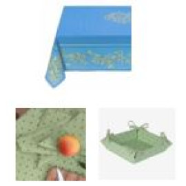 Flash Sale $65-60" Sq 2-4 Place 6-Pcs Ensemble Set of 1-Olives on Blue & Green Plain Cotton Tablecloth +4 Matching Napkins +1 Tidy Fabric Bread Basket -  Enjoy Olives Theme Dining!