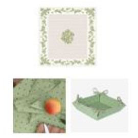 Flash Sale $65-60" Sq 2-4 Place 6-Pcs Ensemble Set of 1-Olives on Green Plain Cotton Tablecloth +4 Matching Napkins +1 Tidy Fabric Bread Basket - – Enjoy Olives Theme Dining!