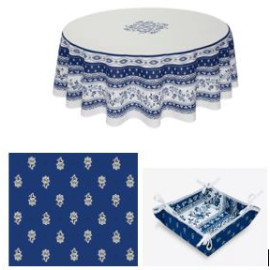 $139 70" Rd 2-6 Place 8-Pcs Ensemble Set Includes 1-Avignon Blue on White Wipeable Coated Tablecloth +6 Matching Napkins +1 Tidy Fabric Bread Basket - The Royal Blue for Provence Outdoor Dining Tabletops!