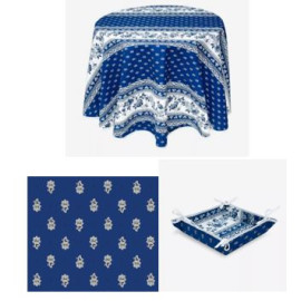 $89 60" Rd Blue Filigree Banner on White 2-4 Place 6-Pcs Ensemble Set Includes 1-Avignon Blue on White Stain-Proof Coated Cotton Tablecloth +4 Matching Napkins +1 Tidy Fabric Bread Basket - | Enjoy Royal Blue Cafe Bistro Dining!