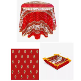 $89 60" Rd 2-4 Place 6-Pcs Ensemble Set of 1-Avignon Red Yellow White Stain-Proof Coated Cotton Tablecloth +4 Matching Napkins +1 Tidy Fabric Bread Basket – Create a Parisian Bistro Style Tabletop!