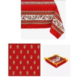 $99 60" Sq 2-4 Place 6-Pcs Ensemble Set of 1-Avignon Red & Yellow Stain-Proof Coated Cotton Tablecloth +4 Matching Napkins +1 Tidy Fabric Bread Basket - – Display French Red Bistro Dining Style!
