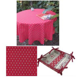 $55-60" Rd Grey Calissons Floral Buds on Red 2-4 Place 6-Pcs Ensemble Set 1-Burgundy Red & Grey Plain Cotton Tablecloth +4 Matching Napkins +1 Tidy Fabric Bread Basket - French Parisian Red Bistro Dining! 