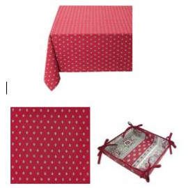 $69 60" Sq 2-4 Place 6-Pcs Ensemble Set of 1-Red with Grey Calissons Buds Plain Cotton Tablecloth +4 Matching Napkins +1 Tidy Fabric Bread Basket - – Dine in Parisian Red Bistro Style!