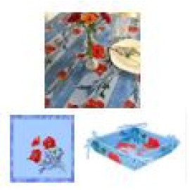 $99 60" Sq 2-4 Place 6-Pcs Ensemble Set of 1-Red Poppies on Light Blue Plain Cotton Tablecloth +4 Matching Napkins +1 Tidy Fabric Bread Basket - – Display a Red Poppies Garden Theme Dining Tabletop!
