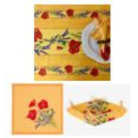 $99 60" Sq 2-4 Place 6-Pcs Ensemble Set of 1-Red Poppies on Yellow Plain Cotton Tablecloth +4 Matching Napkins +1 Tidy Fabric Bread Basket - – Display a Red Poppies Garden Setting Dining Tabletop!