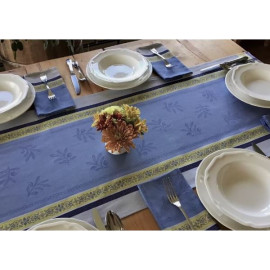 $89 11-Pcs 2-8 Plc Jacquard Olives Sprigs On Blue Yellow Table Runner Ensemble Set  for 5-8 Ft Tables