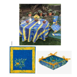 $89 60" Rd Cigale Locusts on Blue 2-4 Place 6-Pcs Ensemble Set of 1-Cigale Locusts Stain-Proof Coated Cotton Tablecloth +4 Matching Napkins +1 Tidy Fabric Bread Basket - – Display Proven Most Loved Singing Cigale Locusts for a Fun Tabletop!