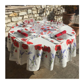 $139 70" Rd 2-6 Place 8-Pcs Ensemble Set Includes 1-Red Poppies & Lavender on Bright White Wipeable Coated Cotton Tablecloth +6 Matching Napkins +1 Tidy Fabric Bread Basket - This is the Most Striking Floral Tablecloth Sold on Our Website!