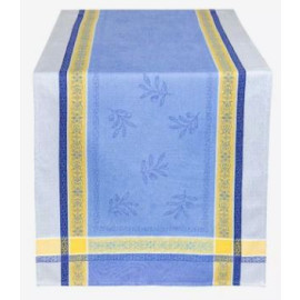 $115 11-Pcs 2-8 Plc Jacquard Olives Sprigs On Blue Yellow Table Runner Ensemble Set  for 5-8 Ft Tables