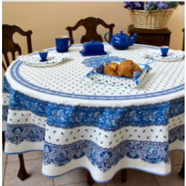 $129 70" Rd 2-6 Place 8-Pcs Ensemble Set Includes 1-TRadition Blue Filigree on White Plain Cotton Tablecloth +6 Matching Napkins +1 Tidy Fabric Bread Basket - A Blue Sky Theme Dining Tabletop!