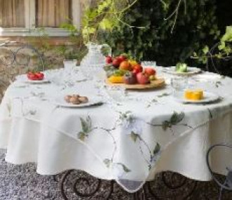 56" Square Tissus Toselli Pink Roses on Vine Organza Transparent Tablecloth with 70" Dia White Polester Undercloth Combination
