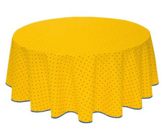 70" Round Tissus-Toselli Blue Allover Floral Calissons Buds on Yellow Plain Cotton Tablecloth