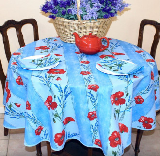 60" Round Tissus Toselli Red Poppies & Lavender on Light-Blue Plain Cotton Tablecloth 2-4 Place 6-Pcs Plain Cotton Tablecloth Ensemble Set of 1 Tablecloth, 4 Napkins, 1 Tidy Basket 