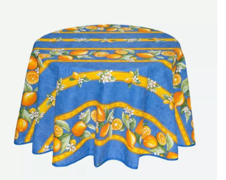 60" Round Tissus Toselli Citron Lemons on Blue Plain Cotton Tablecloth – For 2-4 Person Seating...Order Matching $6 Napkins & $15 Tidy Bread Basket Displayed on this Tablecloth Page! 