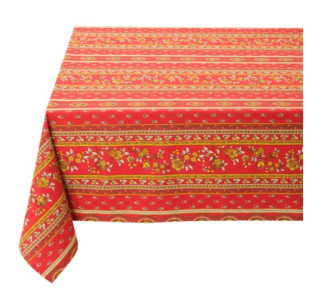 60" Square MARAT Avignon Yellow on Red Filigree Banner Stain-Proof Cotton Tablecloth – For Seating 2-4 persons...Order Matching $6 Napkins & $15 Tidy Bread Basket on this Tablecloth Page!