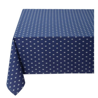 60" Square MARAT Bastide White Allover Floral Calissons Buds on Dark Marine Blue Coated Cotton Tablecloth 