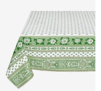 60" Square Bastide Banner Green on White Tablecloth in Stain-Proof Cotton