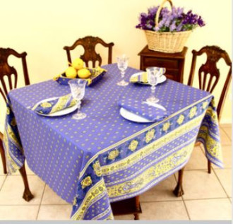60" Square MARAT Bastide Yellow & Lavender Filigree Banner Stain-Proof Cotton Tablecloth