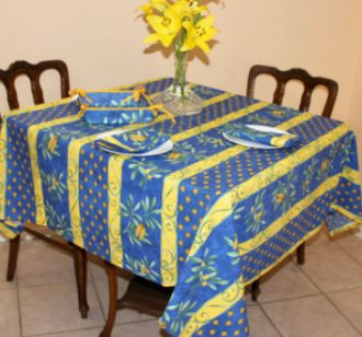 60" Square Tissus Toselli Cigale Locusts on Blue Tablecloth in Plain Cotton - For 2-4 Person Seating..1 Tablecloth, 4 Napkins, 1 Tidy Bread Basket 