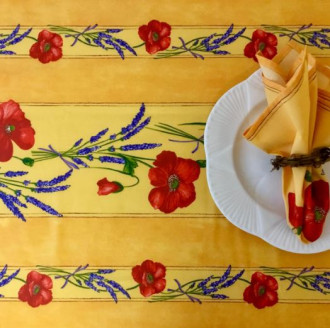 60" Square Tissus Toselli Red Poppies & Lavender on Yellow Plain Cotton Tablecloth For 2-4 Person Seating...Order Matching $6 Napkins & $15 Tidy Bread Basket Displayed on this Tablecloth Page!