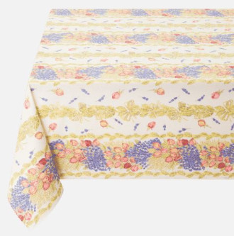 60" Square Tissus Toselli Roses & Lavender Sprigs Stripe Banner Design Stain-Proof Cotton Tablecloth – For Seating 2-4 persons...Includes 2 Free Napkins...Order More Matching $6 Napkins & $15 Tidy Bread Basket on this Tablecloth Page!