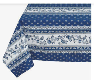 60" Square MARAT Avignon Blue & White Banner Stain-Proof Cotton Tablecloth – For Seating 2-4 persons...Includes 2 Free Napkins...Order More Matching $6 Napkins & $15 Tidy Bread Basket on this Tablecloth Page! 