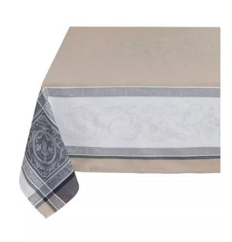 64" Square Tissus Toselli Jacquard Woven Versailles Taupe & White Bordered Tablecloth in Stain-Proof Cotton