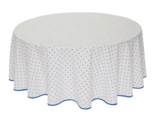 60" Round Tissus-Toselli Blue Allover Floral Calissons Buds on White Plain Cotton Tablecloth For 2-4 Person Seating