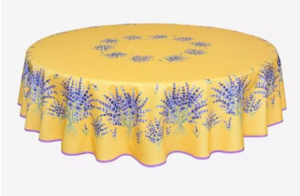 70" Round Tissus-Toselli Lavender Flowers on Yellow Plain Cotton Tablecloth for 2-6 Person Seating