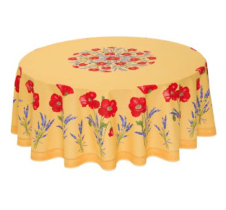70" Rd 2-6 Place 8-Pcs Ensemble Set Includes 1-Red Poppies & Lavender on Yellow Wipeable Coated Cotton Tablecloth +6 Matching Napkins +1 Tidy Fabric Bread Basket - A Delightful Floral Sunny Day Table Topper! (Default)