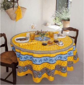 70" Rd 2-6 Place 8-Pcs Ensemble Set Includes 1-Tradition Blue Filigree on Yellow Wipeable Coated Cotton Tablecloth +6 Matching Napkins +1 Tidy Fabric Bread Basket 