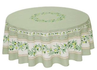 70" Round Tissus-Toselli Ramatuelle Olives & Leaves in Green on White Stain-Proof Cotton Tablecloth for 2-6 Person Seating