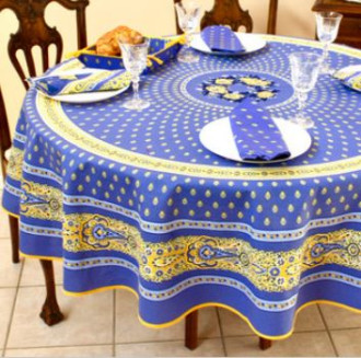 70" Rd 2-6 Place 8-Pcs Ensemble Set Includes 1-Bastide Lavender and Yellow Wipeable Coated Cotton Tablecloth +6 Matching Napkins +1 Tidy Fabric Bread Basket