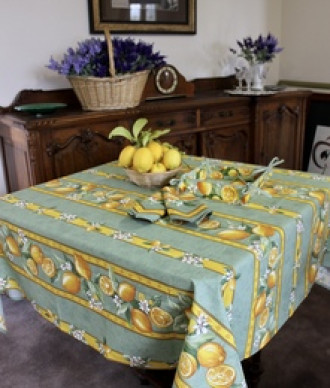 60" Square Tissus-Toselli Citron Lemons & Leaves on Green Stain-Proof Cotton Tablecloth – For Seating 2-4 persons...Includes 2 Free Napkins...Order More Matching $6 Napkins & $15 Tidy Bread Basket on this Tablecloth Page!
