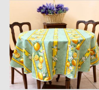 60" Round Tissus Toselli Citron Lemons on Green Stain-Proof Cotton Tablecloth For 2-4 Person Seating...Order Matching $6 Napkins & $15 Tidy Bread Basket Displayed on this Tablecloth Page!