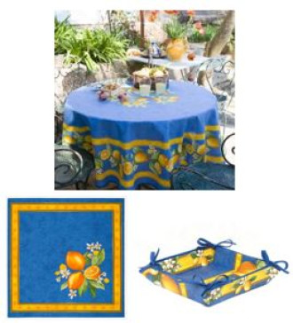  Tissus Toselli 70" Rd 6-Place 8-Pcs Citron Blue Tablecloth Ensemble