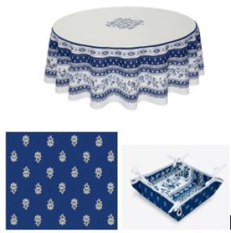 70" Rd 2-6 Place 8-Pcs Ensemble Set Includes 1-Avignon Blue on White Wipeable Coated Tablecloth 